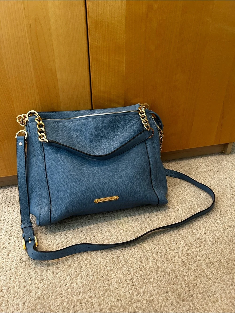 Michael Kors Dusty Blue Pebbled Leather Shoulder Bag with Gold Hardware